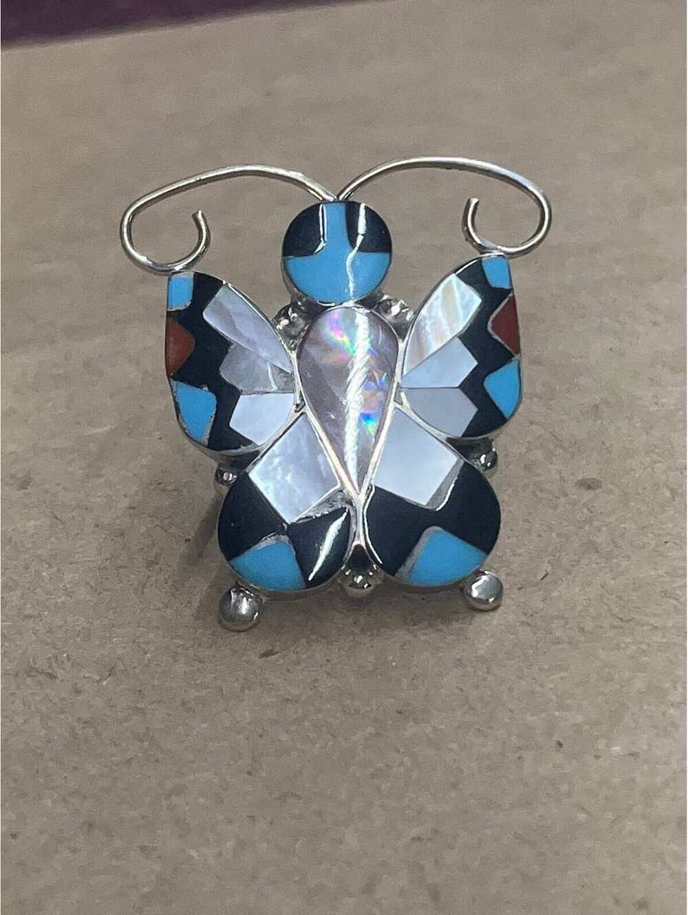 Zuni cluster turquoise multi stone sterling silver inlay ring butterfly size 6